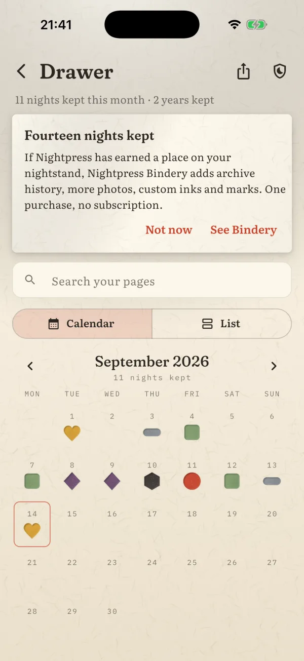 The Drawer calendar, each kept night pressed in its ink