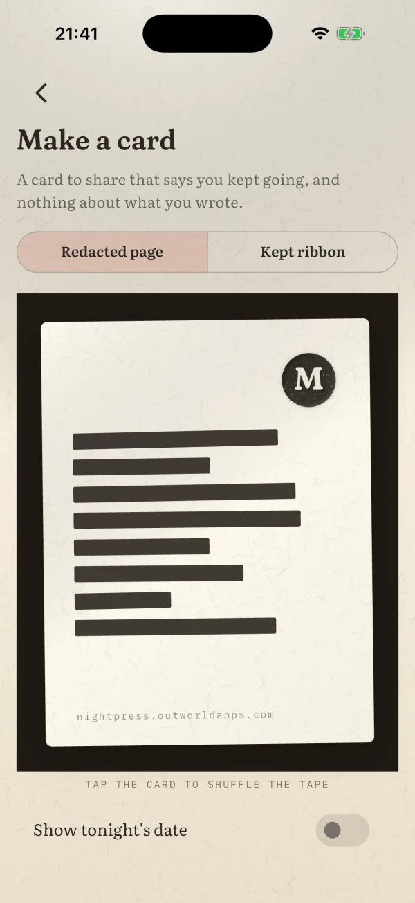 A share card with redacting tape and the user's mark, no words